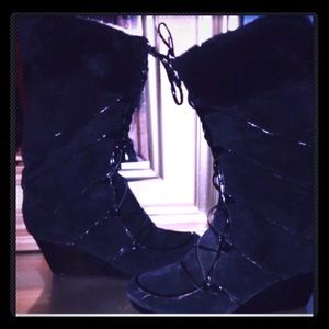 Calvin Klein fur trimmed Lace up Suede wedge boots